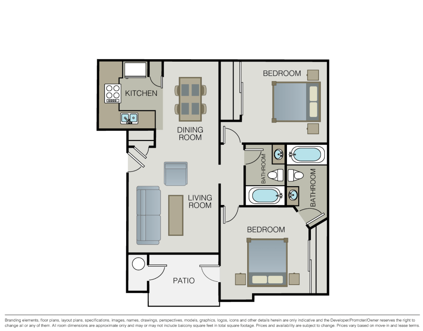 Floor plan for 2 beds, 2 baths, 760 sqft